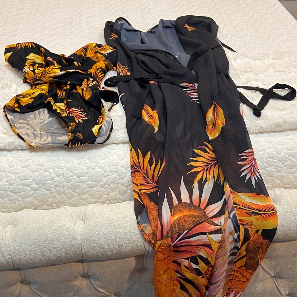 Tropical Black & Orange One-Piece Swim Cover-Up